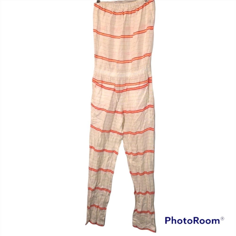 lem lem cream tangerine orange stripe linen strapless jumpsuit XS
32 bust